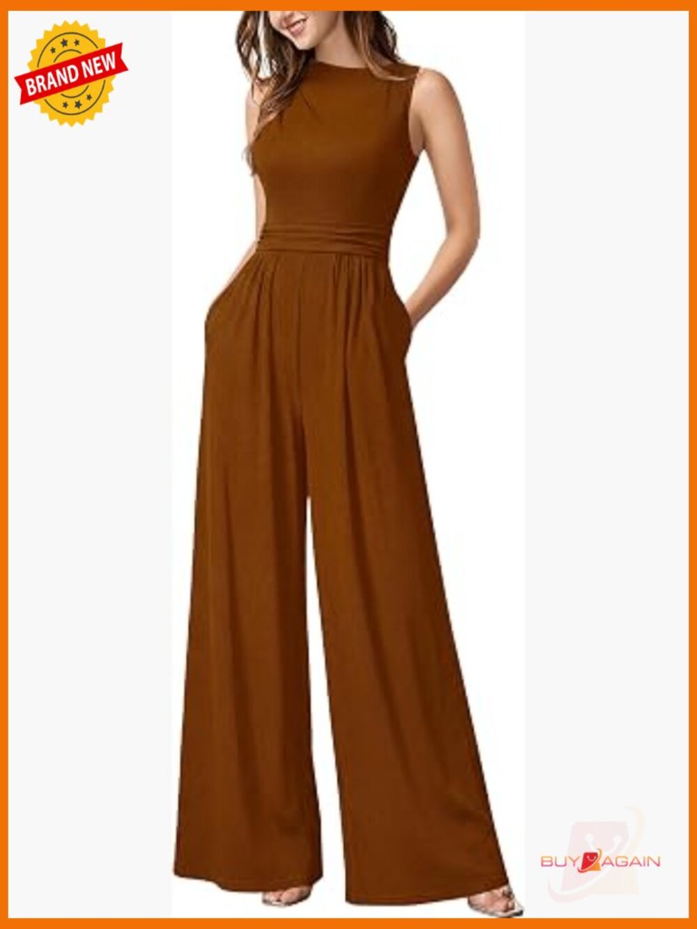 Sleeveless Mock Neck Ruched Wide Leg Jumpsuit with Pockets
